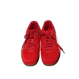 Puma Bella Womens Red Suede Low Top Sneakers White Formstrip Gum Sole 374898-05